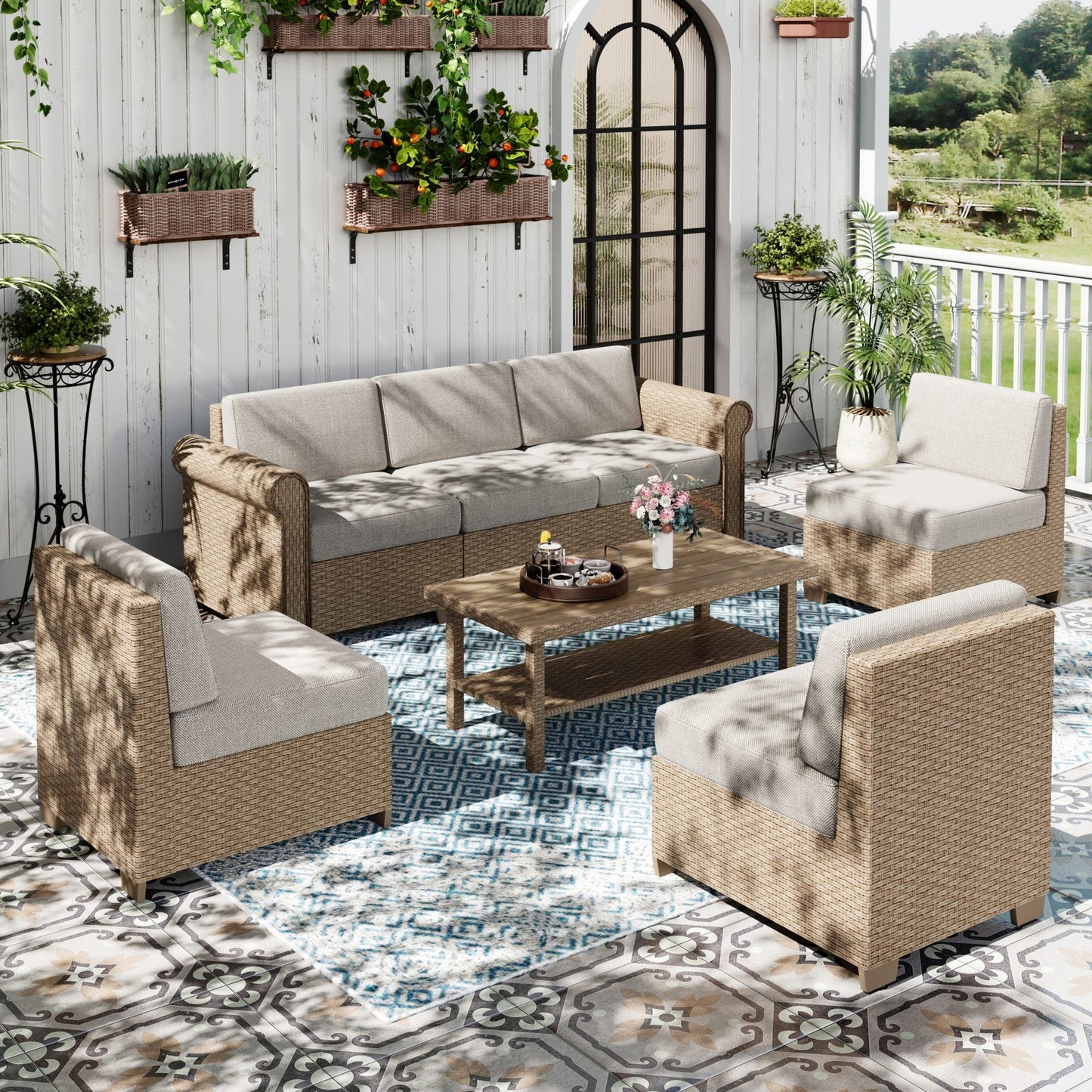 Sophia & William 7 Pieces Wicker Patio Furniture Set 6-Seat Outdoor Conversation Set with Coffee Table, Beige