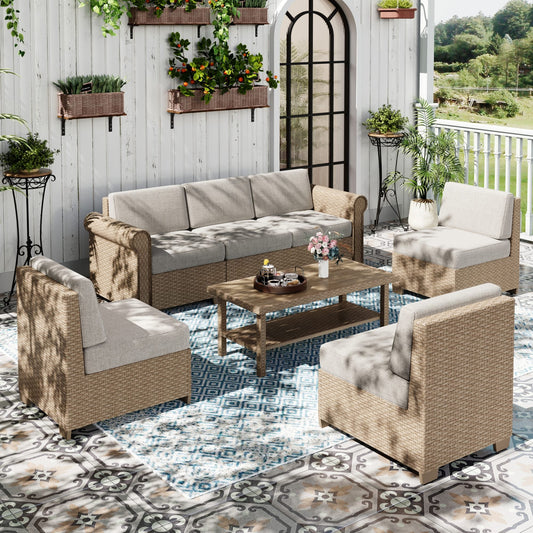 Sophia & William 7 Pieces Wicker Patio Furniture Set 6-Seat Outdoor Conversation Set with Coffee Table, Beige