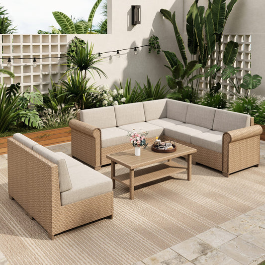 Sophia & William 8 Pieces Wicker Patio Furniture Set 7-Seat Outdoor Conversation Set with Coffee Table, Beige