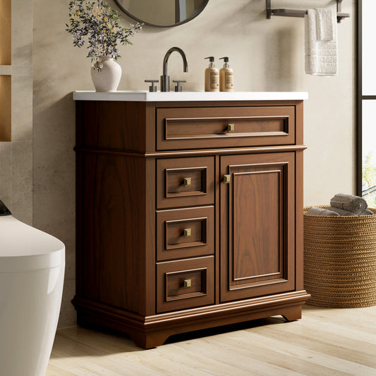 Sophia & William 30inch Bathroom Vanity with 5inch Deep Sink Freestanding Wood Bathroom Cabinet Vanity with 1 Door & 2 Drawers, Cherry Brown