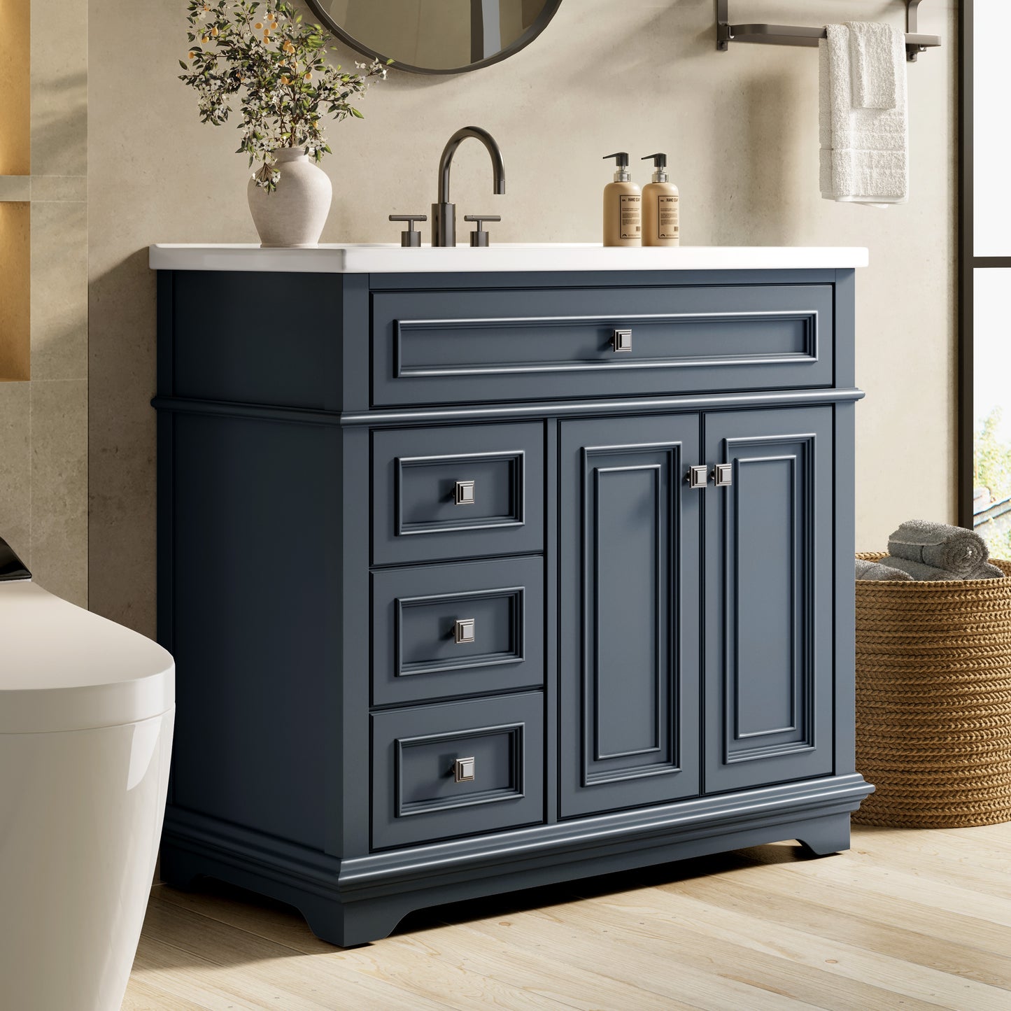 Sophia & William 36inch Bathroom Vanity with 5inch Deep Sink Freestanding Wood Bathroom Cabinet Vanity with 2 Doors with Shelf & 2 Drawers, Charcoal Blue