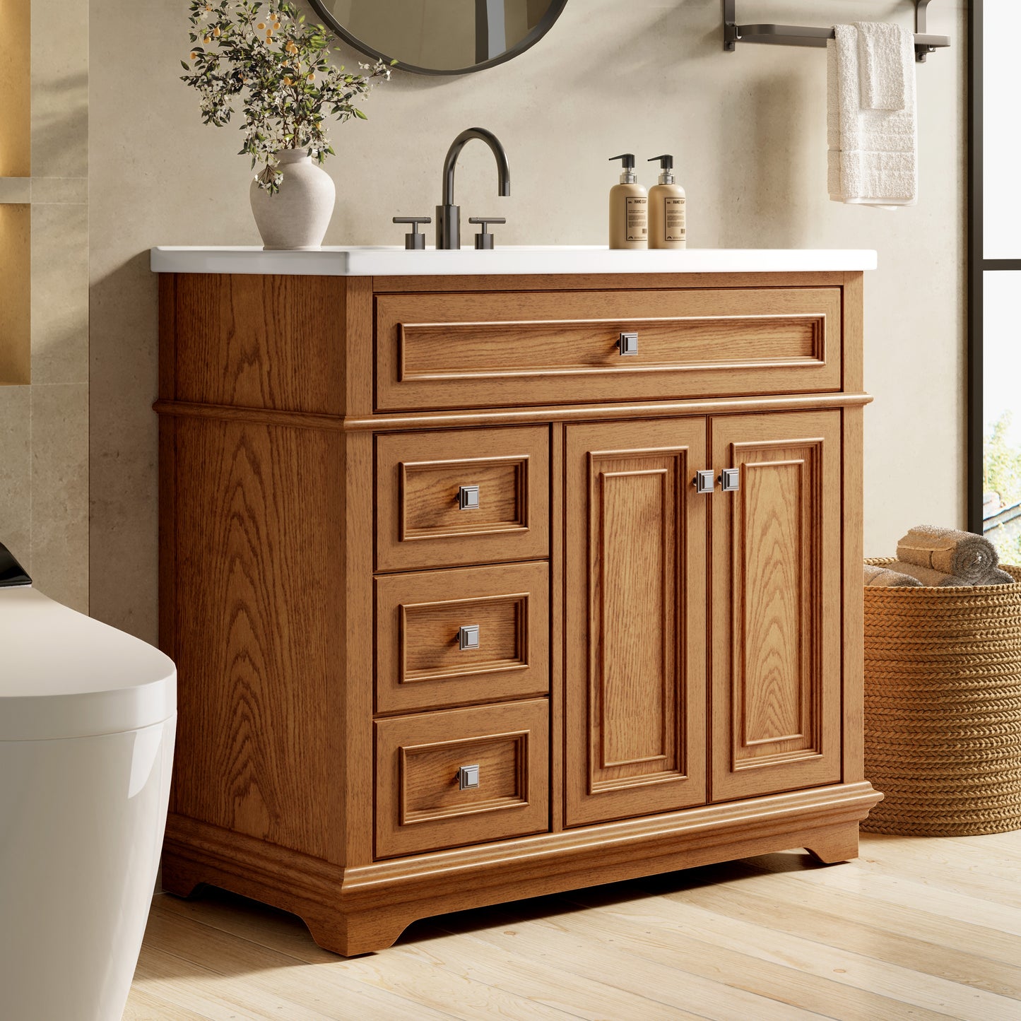 Sophia & William 36inch Bathroom Vanity with 5inch Deep Sink Freestanding Wood Bathroom Cabinet Vanity with 2 Doors with Shelf & 2 Drawers, Teak
