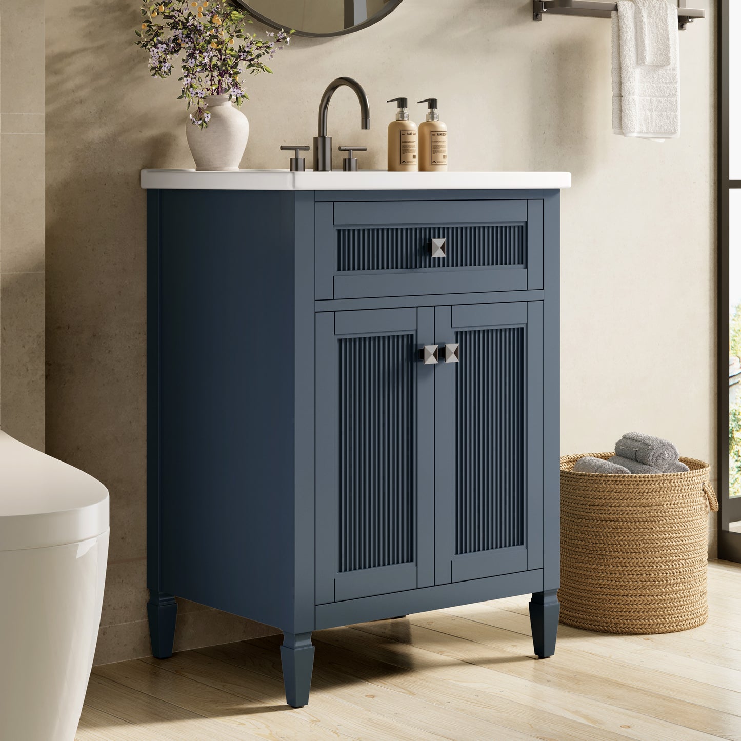 Sophia & William 24inch Bathroom Vanity with 5inch Deep Sink Freestanding Wood Bathroom Cabinet Vanity with 2 Doors & 3-Level Adjustable Shelf, Charcoal Blue