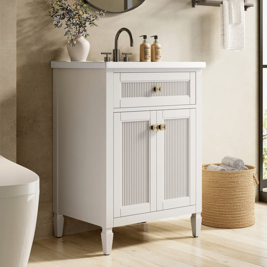 Sophia & William 24inch Bathroom Vanity with 5inch Deep Sink Freestanding Wood Bathroom Cabinet Vanity with 2 Doors & 3-Level Adjustable Shelf, White