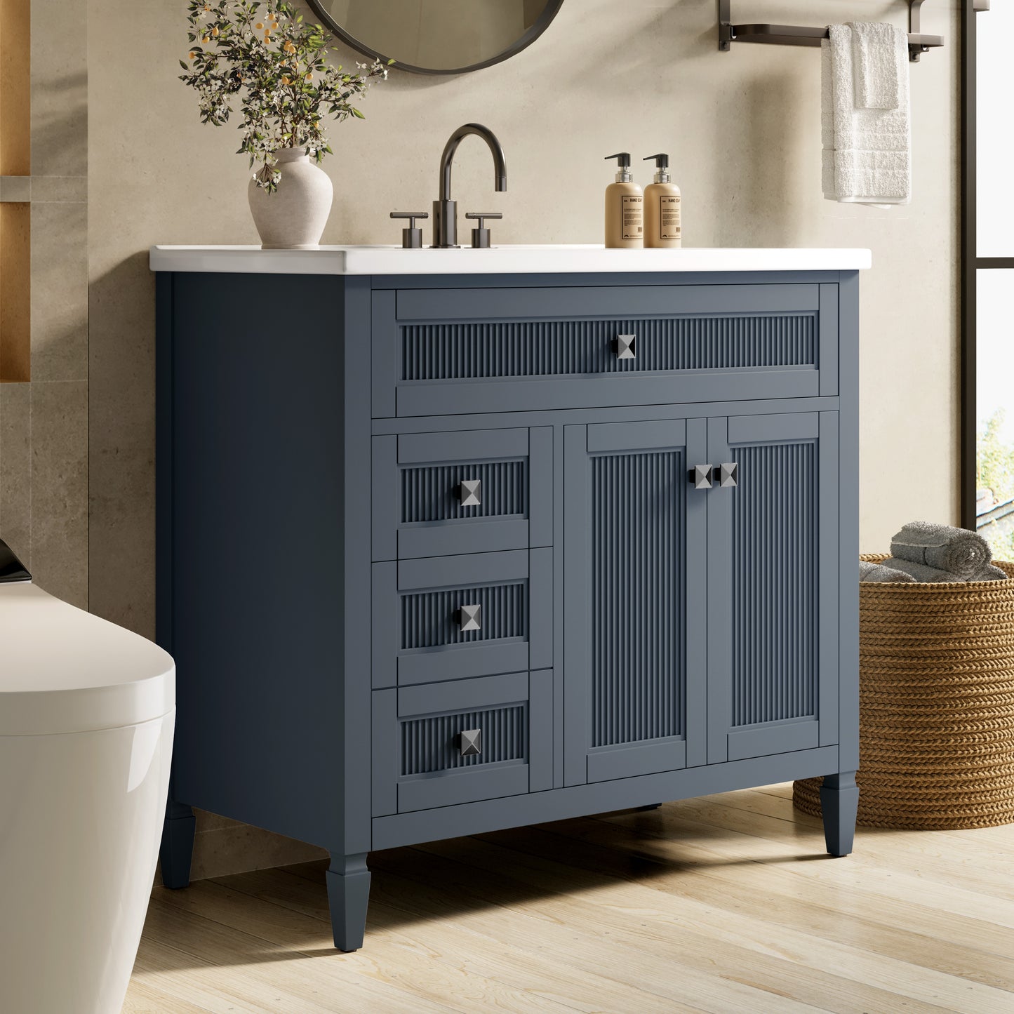 Sophia & William 36inch Bathroom Vanity with 5inch Deep Sink Freestanding Wood Bathroom Cabinet Vanity with 2 Doors & 2 Drawers & Adjustable Shelf, Charcoal Blue