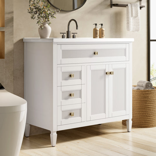 Sophia & William 36inch Bathroom Vanity with 5inch Deep Sink Freestanding Wood Bathroom Cabinet Vanity with 2 Doors & 2 Drawers & Adjustable Shelf, White