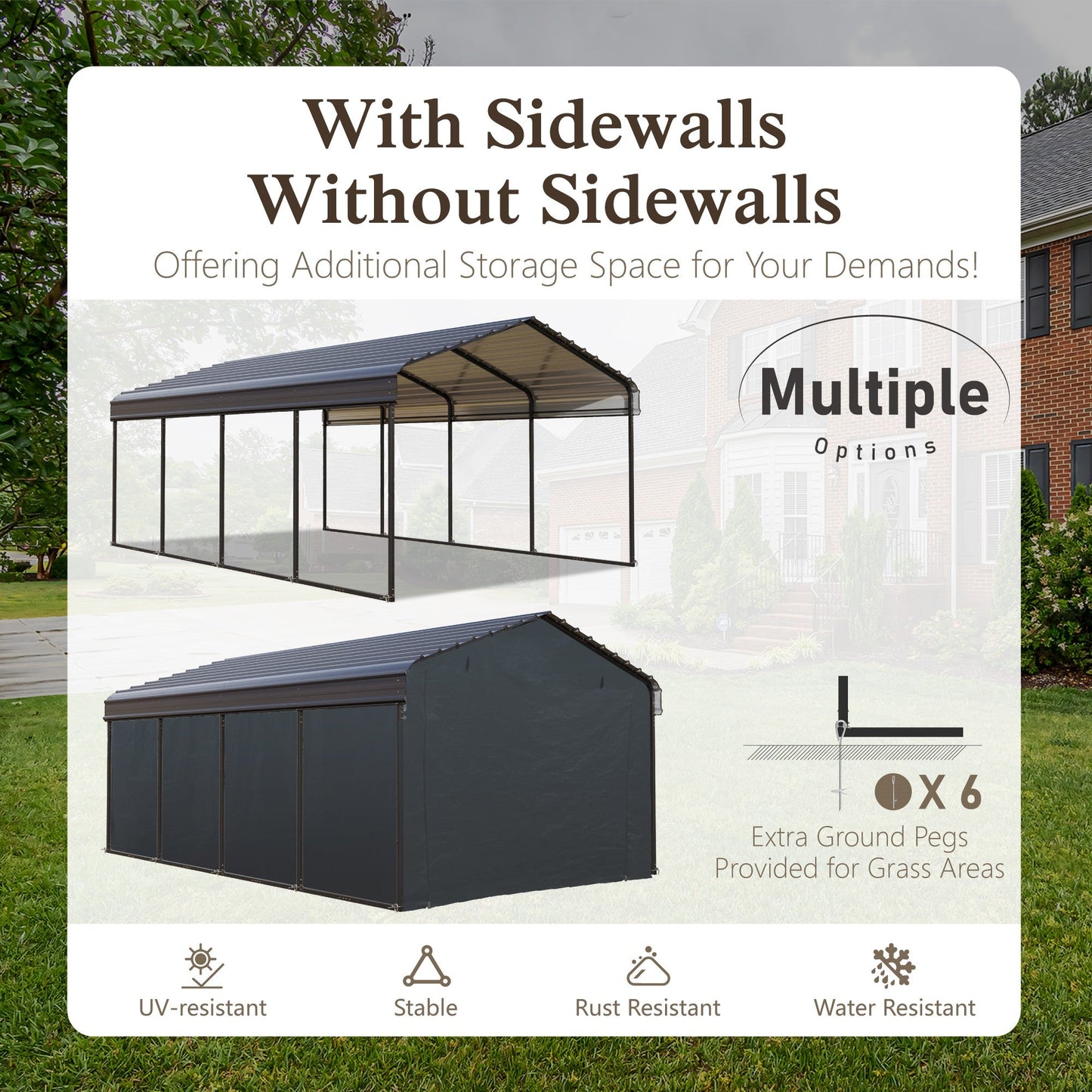 Alpha Joy 12' x 20' Heavy Duty Galvanized Steel Carport with Side Walls Multi-Purpose Hardtop Storage Shelter