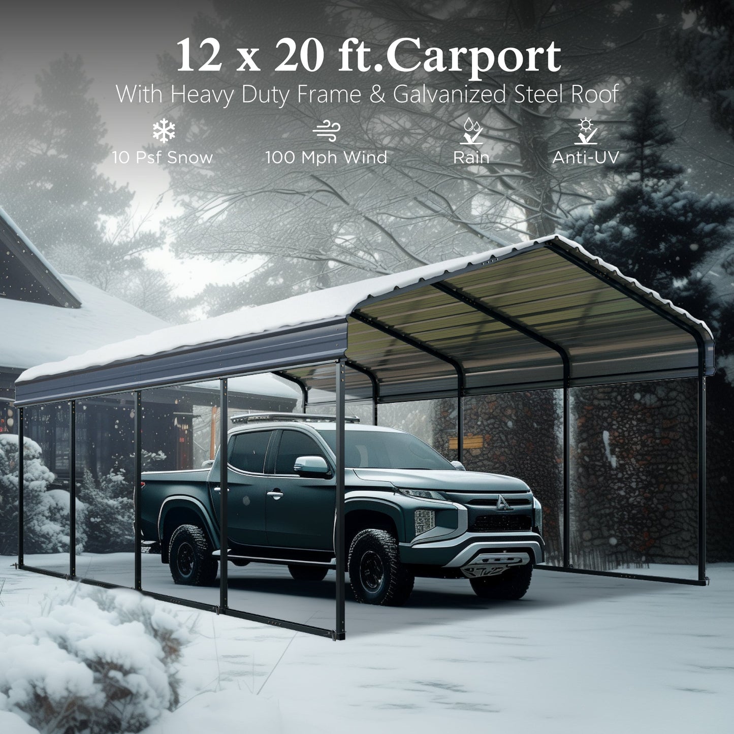 Alpha Joy 12' x 20' Heavy Duty Galvanized Steel Carport with Side Walls Multi-Purpose Hardtop Storage Shelter