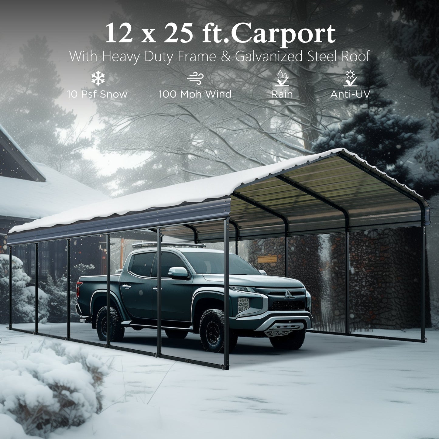 Alpha Joy 12' x 25' Heavy Duty Galvanized Steel Carport with Side Walls Multi-Purpose Hardtop Shelter