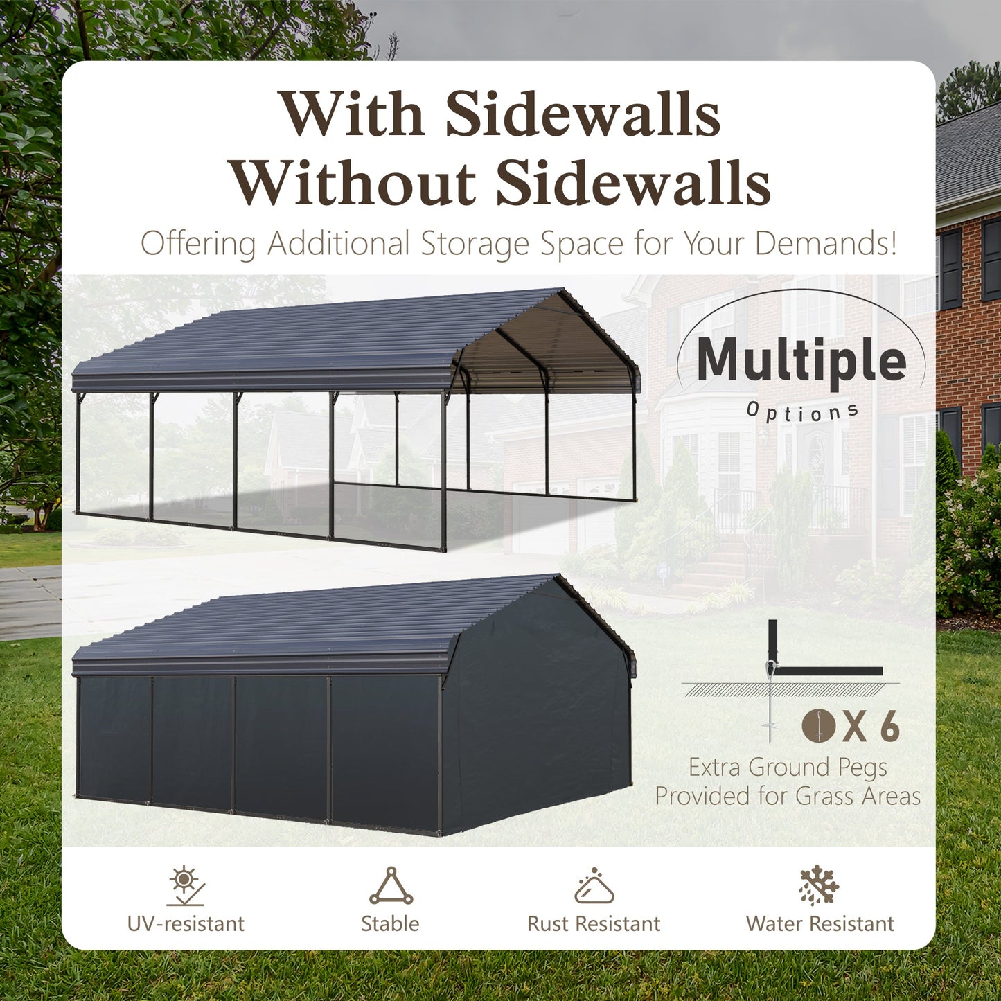 Alpha Joy 20' x 20' Heavy Duty Galvanized Steel Carport with Side Walls Multi-Purpose Shelter