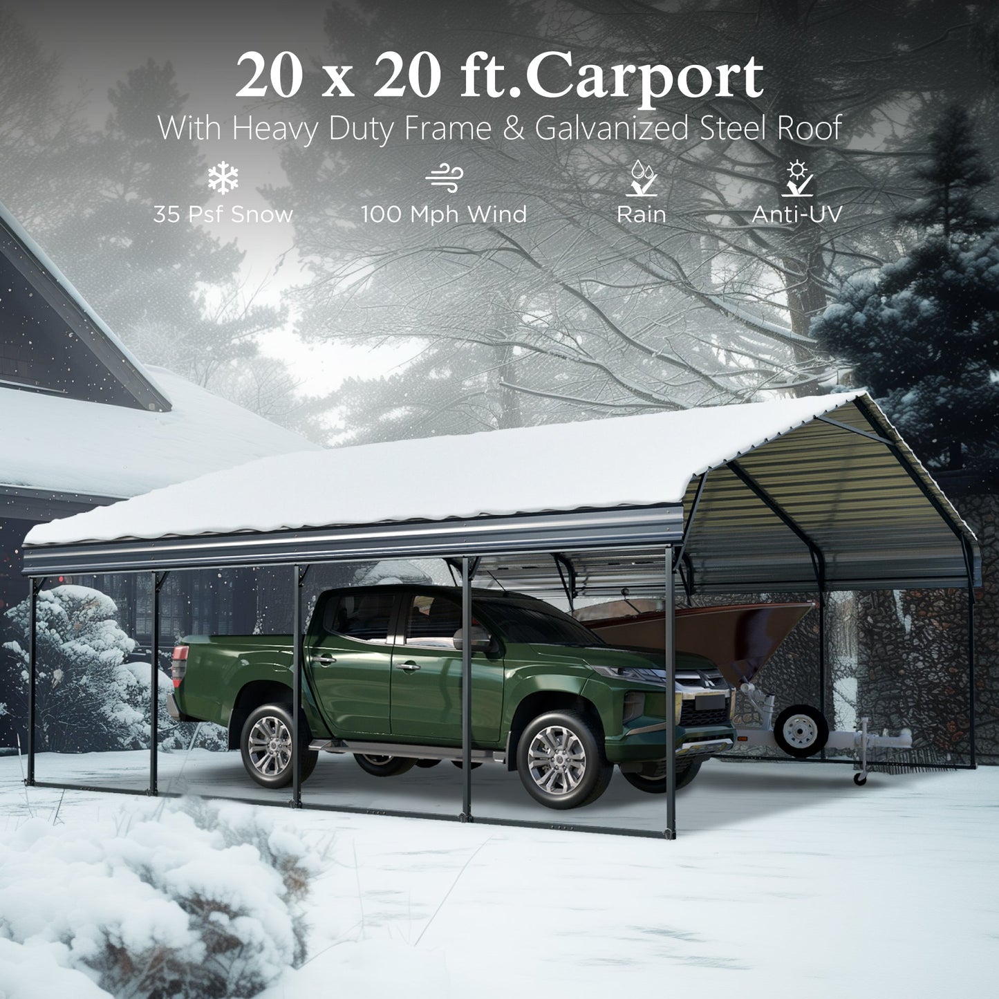Alpha Joy 20' x 20' Heavy Duty Galvanized Steel Carport with Side Walls Multi-Purpose Shelter