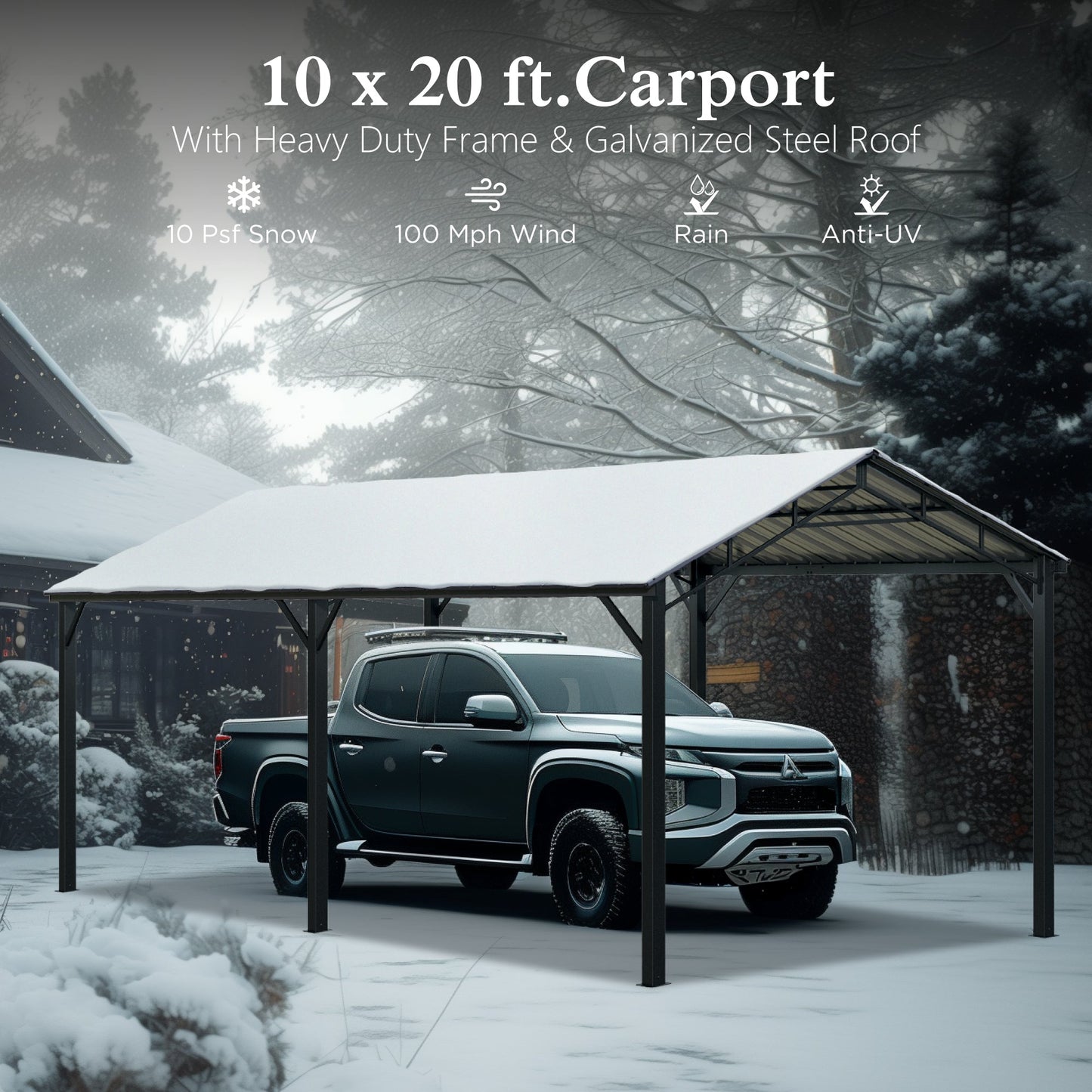 Alpha Joy 10' x 20' Metal Carport Heavy Duty Hardtop Carport Kits Galvanized Steel Roof Multi-Purpose Shelter