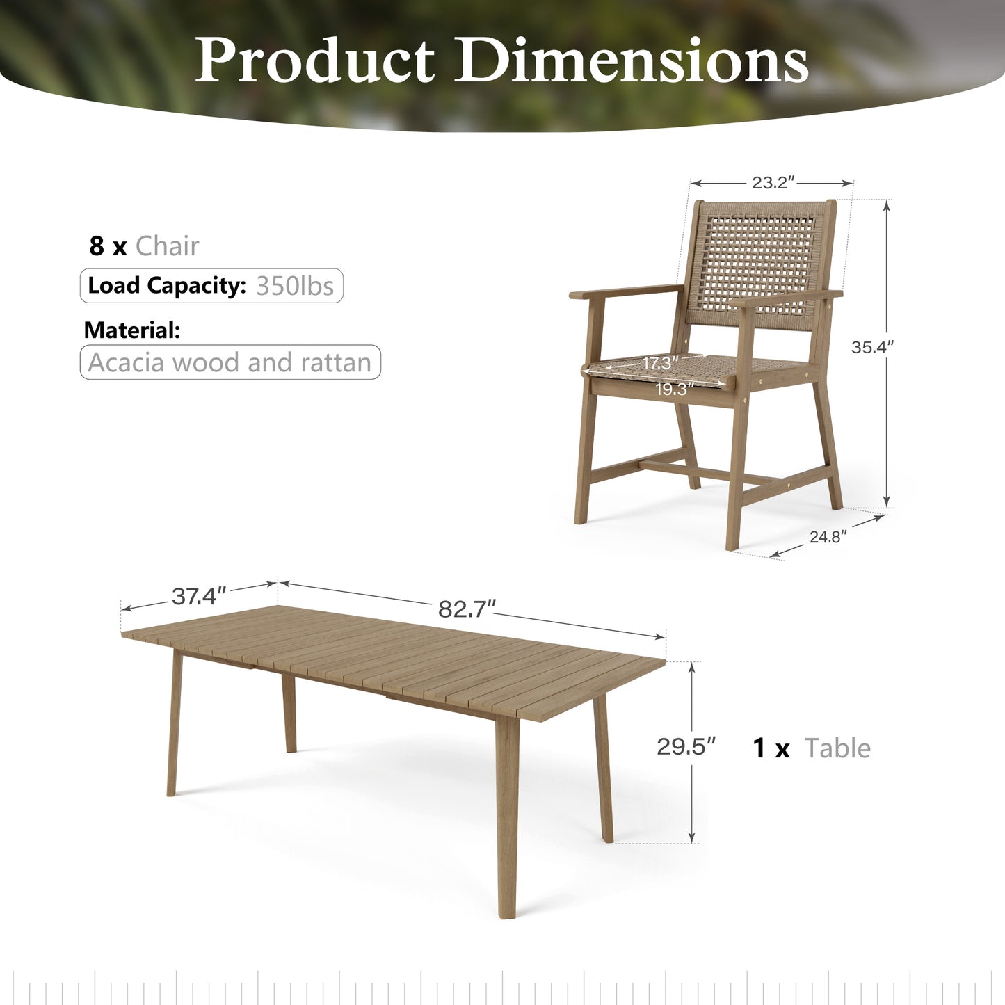 Sophia & William 9 Pieces Acacia Wood Outdoor Patio Dining Set Wicker Rattan Chairs and Rectangle Table Furniture Set for Lawn, Garden, Backyard, Light Brown