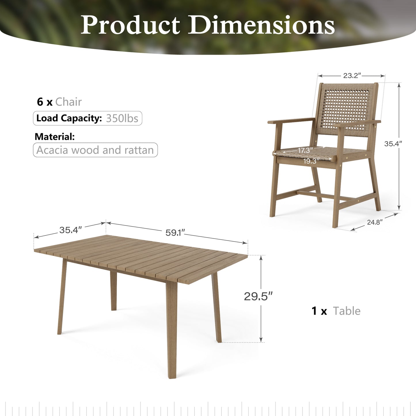 Sophia & William 7 Pieces Acacia Wood Outdoor Patio Dining Set Wicker Rattan Chairs and Rectangle Table Furniture Set for Lawn, Garden, Backyard, Light Brown