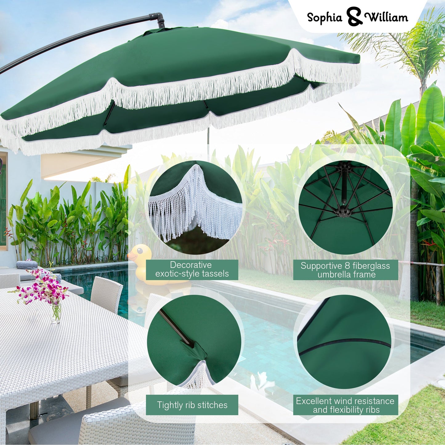 Sophia & William Patio Umbrella 9ft Outdoor Offset Umbrella Cantilever Umbrella with Fringe Tassel Easy Lift UV Protection Outdoor Umbrella Aluminum Ploe All Weather for Backyard Pool Garden Green