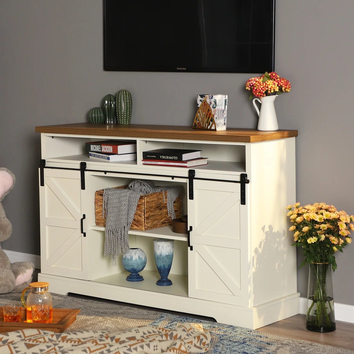 Sophia&William 52'' Sliding Barn Door Kitchen Sideboard Buffet Storage Cabinet-White