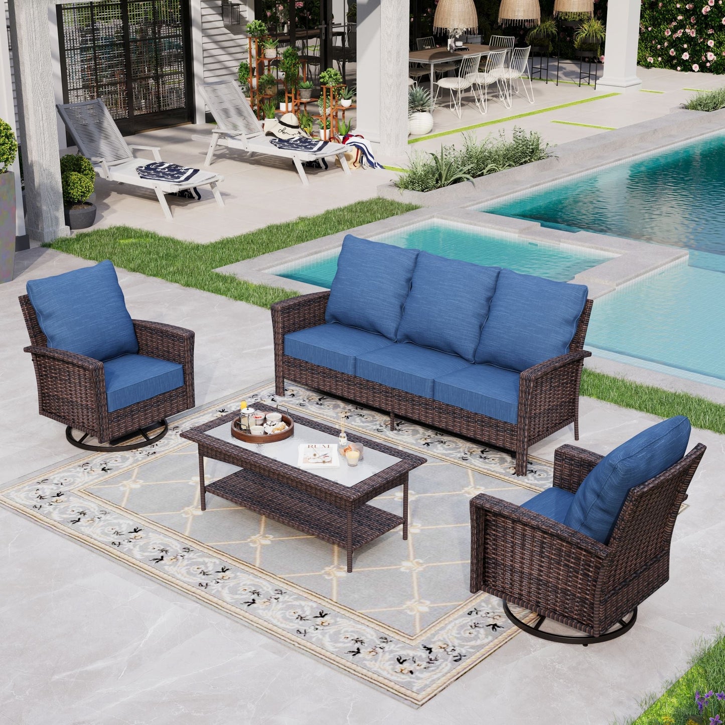 Sophia & William 4 Pieces Patio Furniture Set with Swivel Chairs 5-Seat Wicker Outdoor Conversation Set with Thickened Cushions