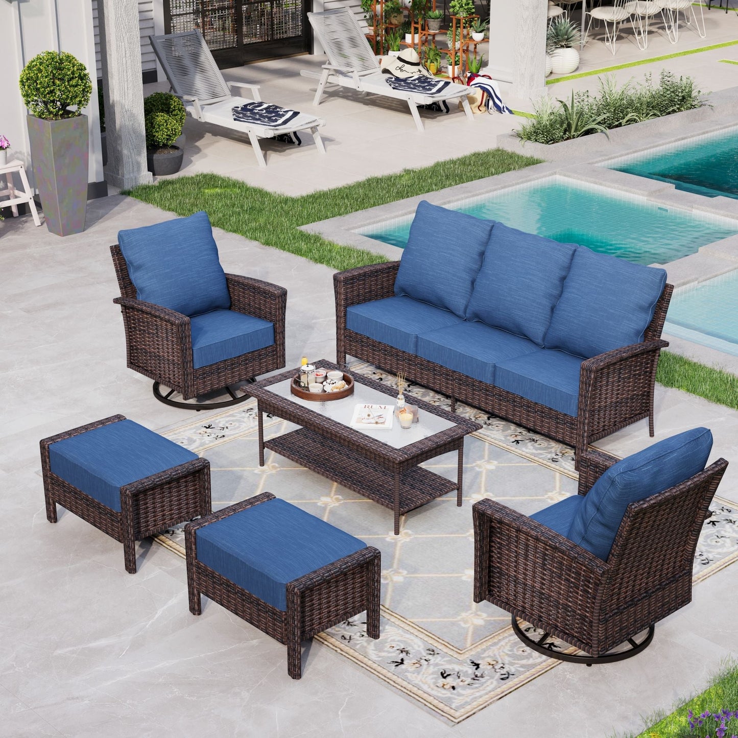 Sophia & William 6 Pieces Outdoor Furniture Set with Swivel Chairs 7-Seat Wicker Patio Conversation Set with Thickened Cushions