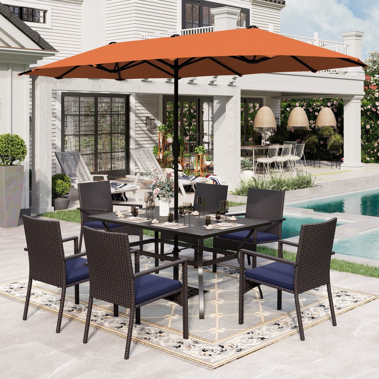 Sophia & William 8 Pieces Outdoor Patio Dining Set with 13 ft Orange Red Umbrella, Rattan Chairs & Metal Table for 6