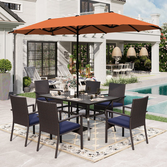 Sophia & William 8 Pieces Outdoor Patio Dining Set with 13 ft Orange Red Umbrella, Rattan Chairs & Metal Table for 6