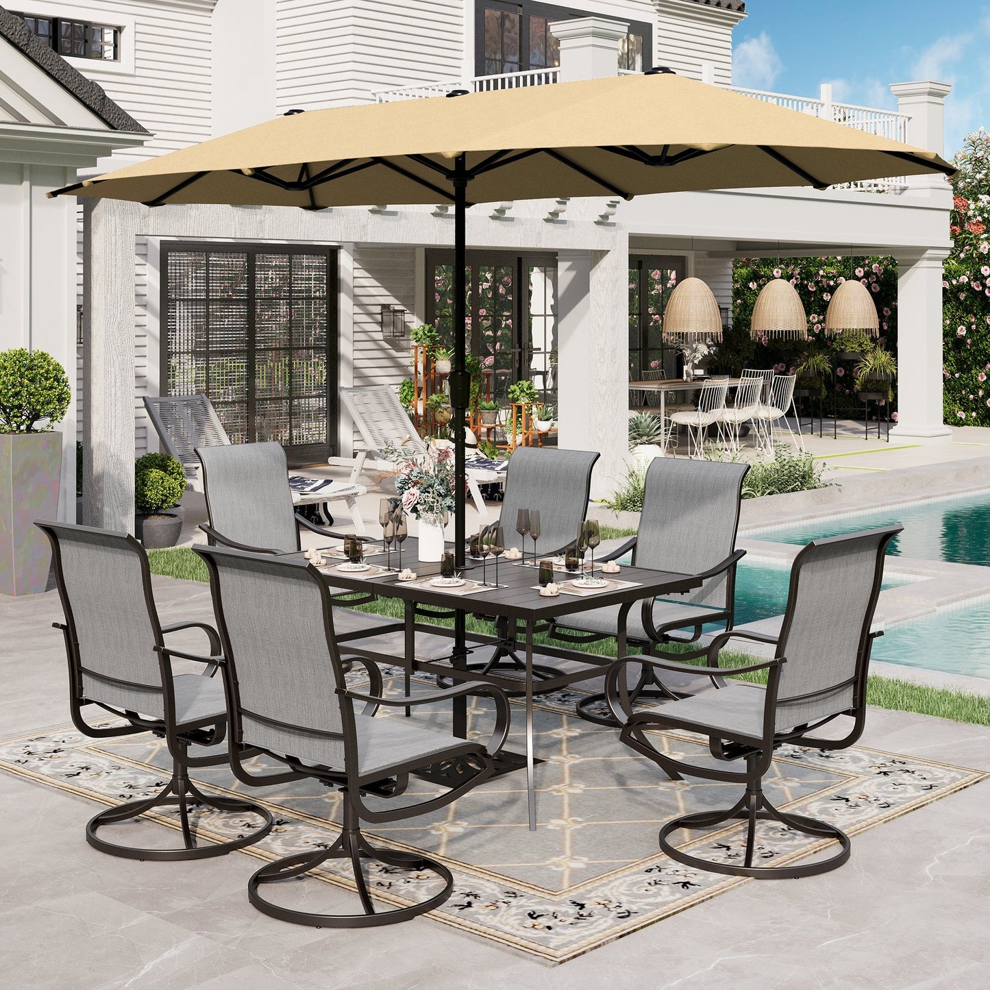 Sophia & William 8-Piece Outdoor Patio Dining Set with 13ft Beige Umbrella, Rectangle Table & Padded Textilene Chairs Furniture Set, Gray