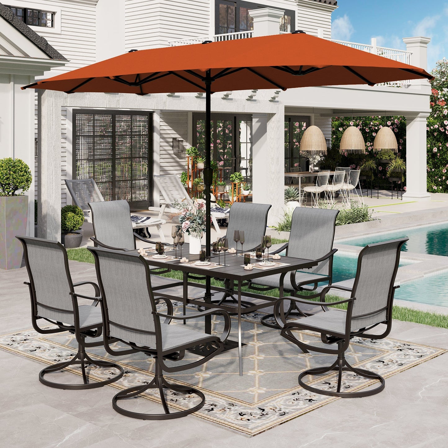 Sophia & William 8-Piece Outdoor Patio Dining Set with 13ft Orange Red Umbrella, Rectangle Table & Padded Textilene Chairs Furniture Set, Gray