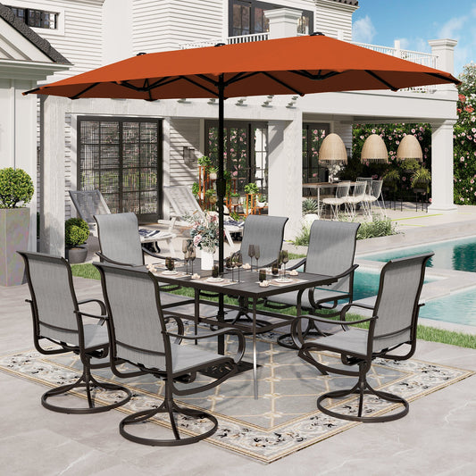 Sophia & William 8-Piece Outdoor Patio Dining Set with 13ft Orange Red Umbrella, Rectangle Table & Padded Textilene Chairs Furniture Set, Gray