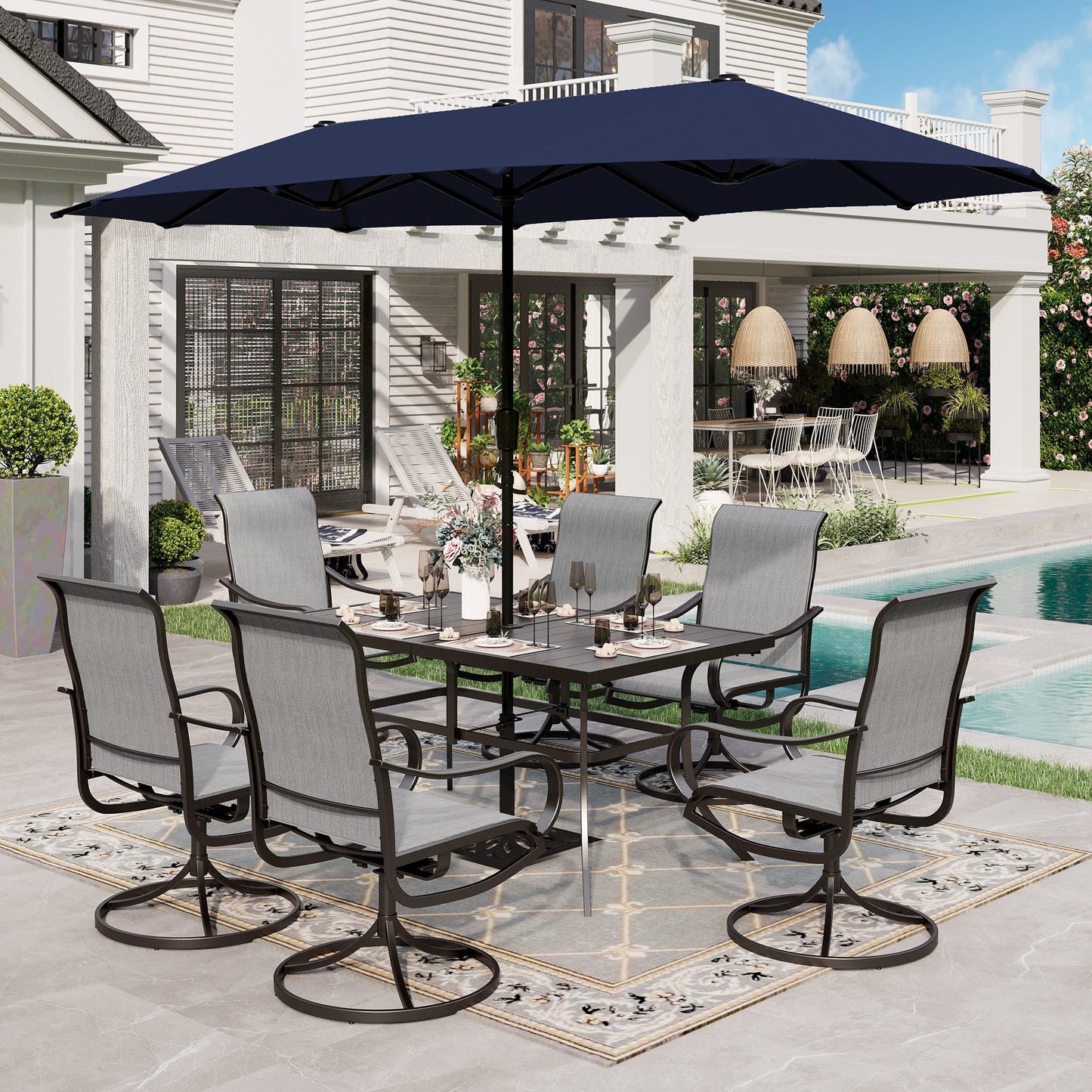 Sophia & William 8-Piece Outdoor Patio Dining Set with 13ft Navy Umbrella, Rectangle Table & Padded Textilene Chairs Furniture Set, Gray