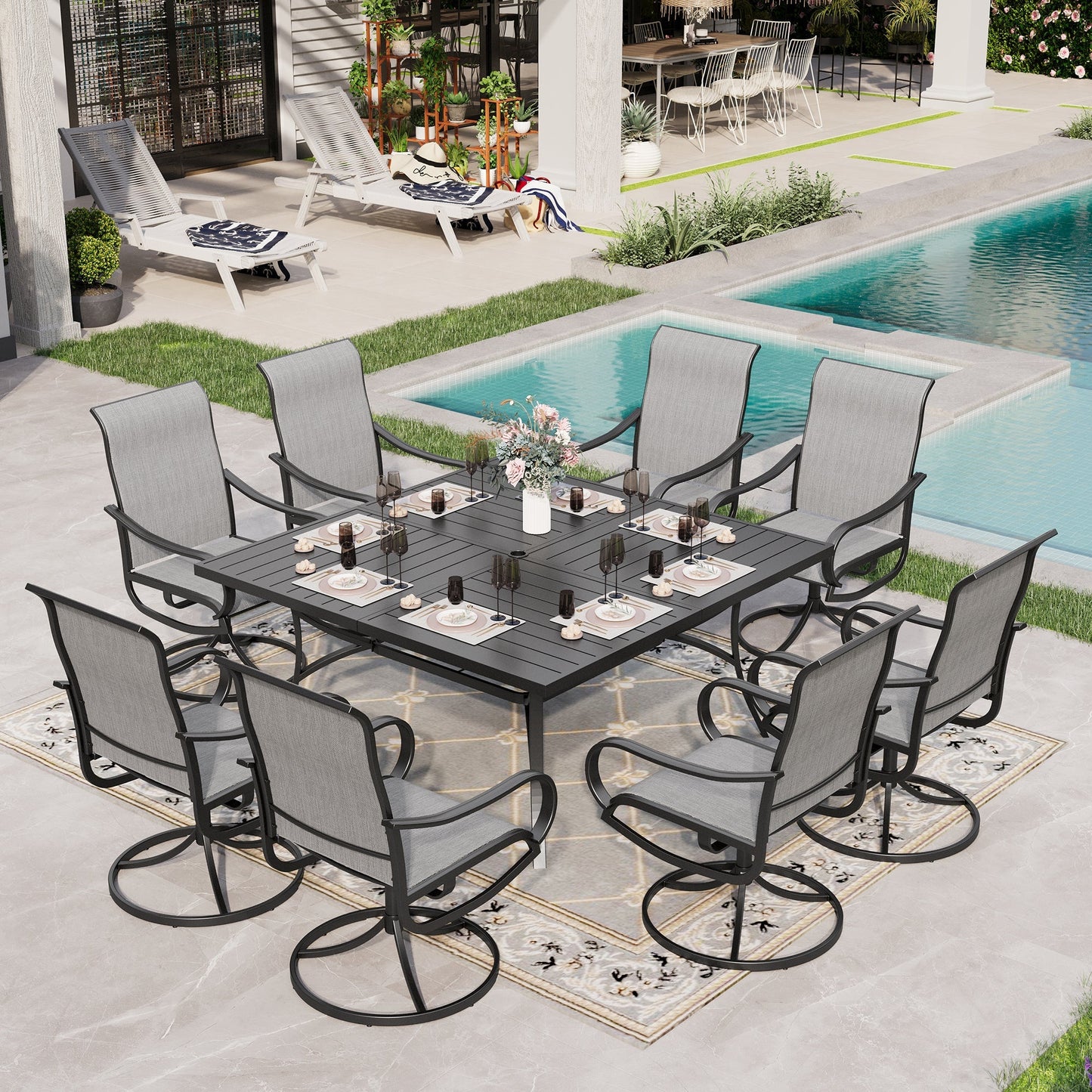 Sophia & William 9 Piece Outdoor Patio Dining Set Textilene Chairs and 60" Square Table Furniture Set, Gray