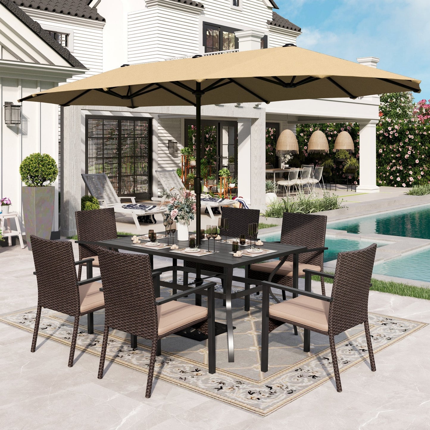 Alpha Joy 8-Piece Outdoor Patio Set with 13 ft Umbrella, Rattan Chairs & Rectangle Table for 6, Beige Umbrella