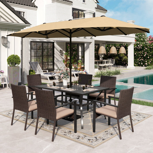 Alpha Joy 8-Piece Outdoor Patio Set with 13 ft Umbrella, Rattan Chairs & Rectangle Table for 6, Beige Umbrella