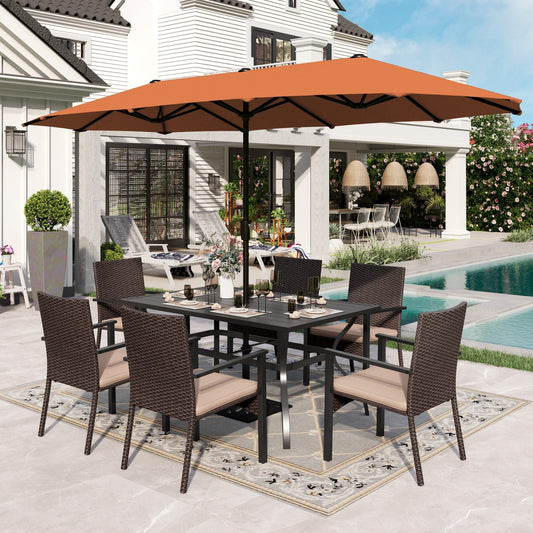 Alpha Joy 8-Piece Outdoor Patio Dining Set with 13 ft Umbrella, Rattan Chairs & Rectangle Table Set for 6, Red Umbrella