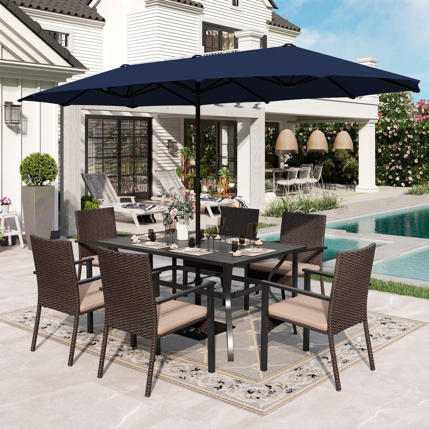 Alpha Joy 8-Piece Outdoor Patio Set with 13 ft Umbrella, Rattan Chairs & Rectangle Table for 6, Navy Umbrella