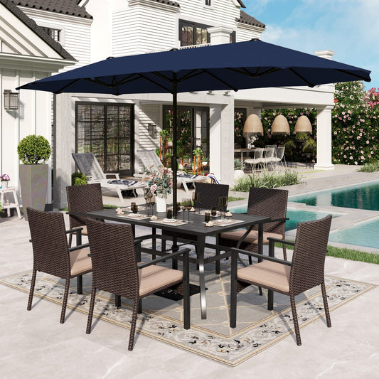 Alpha Joy 8-Piece Outdoor Patio Set with 13 ft Umbrella, Rattan Chairs & Rectangle Table for 6, Navy Umbrella