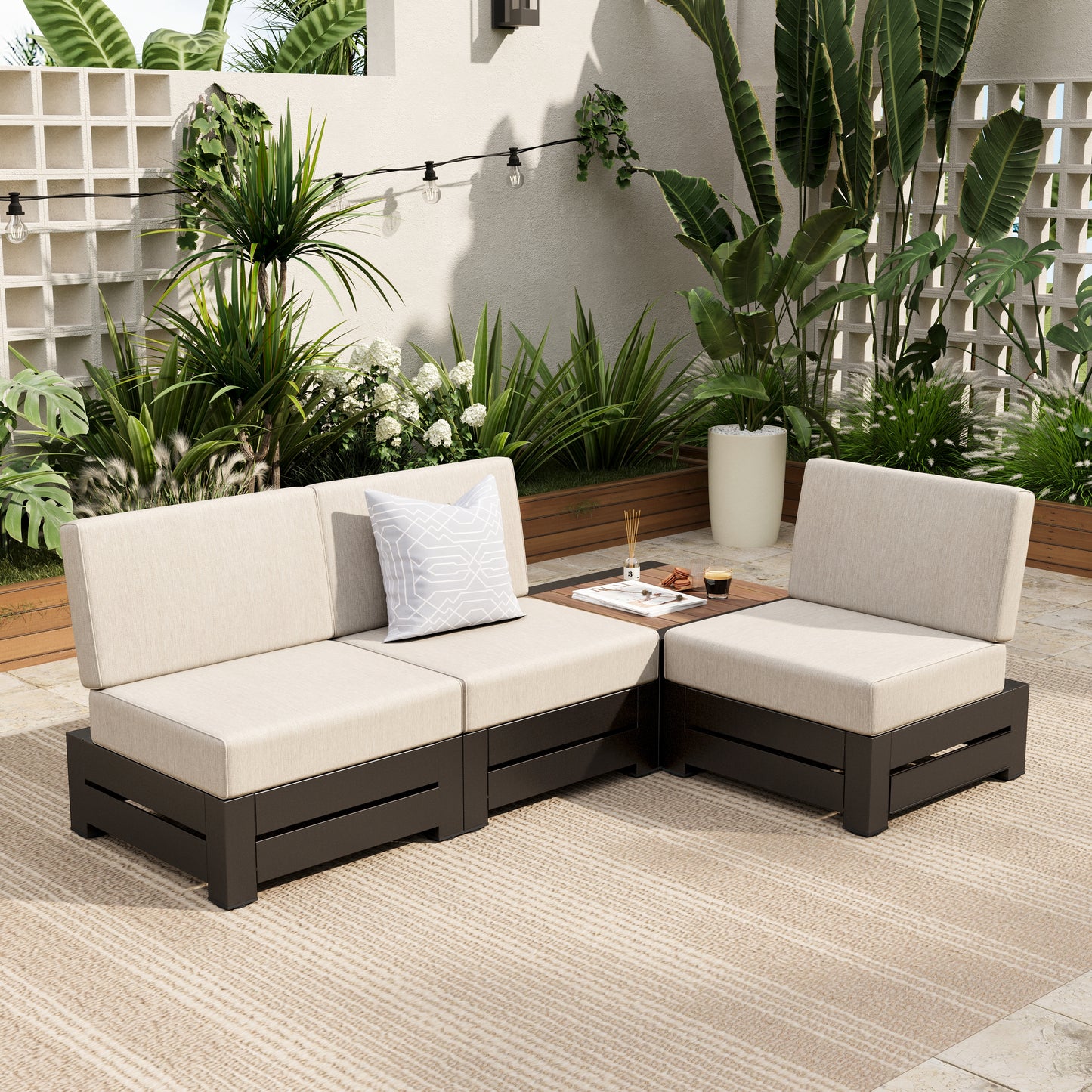 Sophia & William 4Pcs Patio Outdoor Furniture Set Sectional Armless Conversation Set with Woodgrain Side Table, Beige