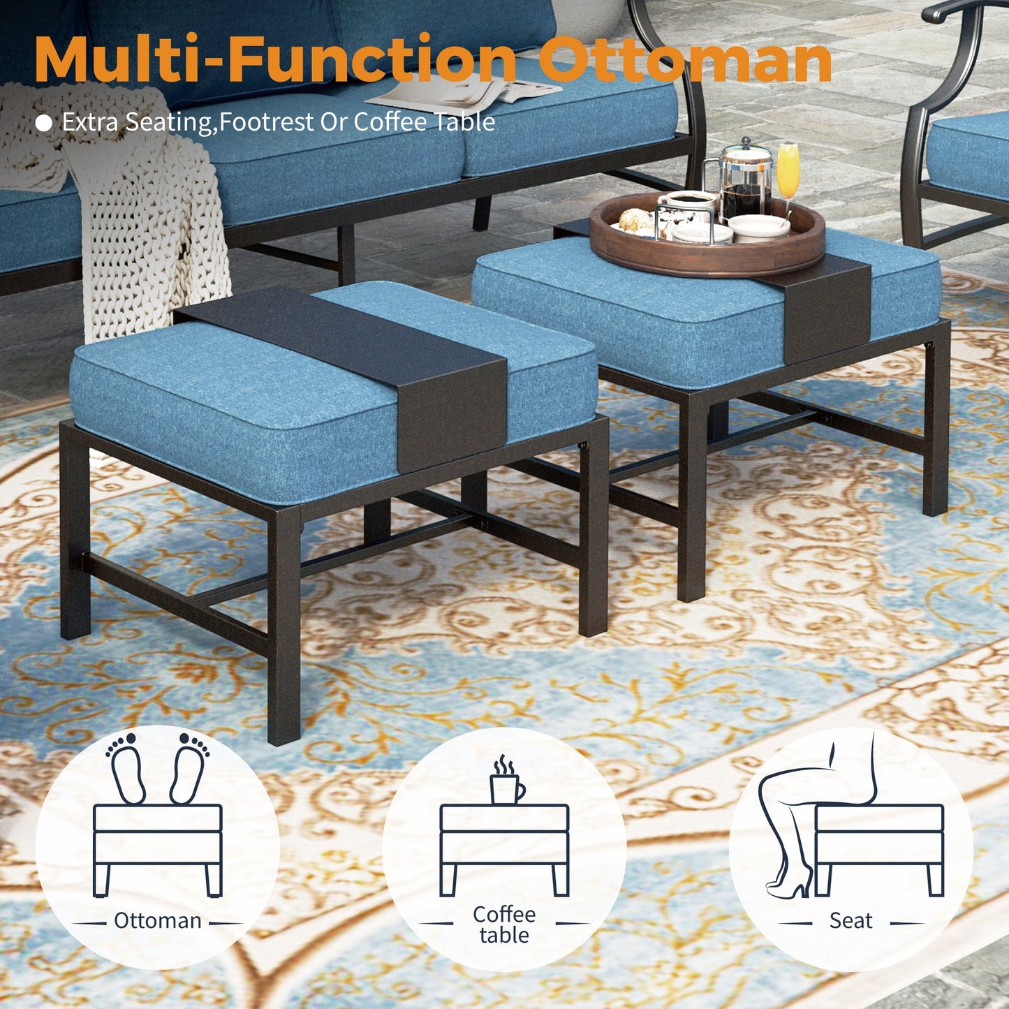 Sophia&William 9 Seat Patio Outdoor Furniture Set Metal Conversation Set with Ottomans & Rocker Chair, Navy Blue