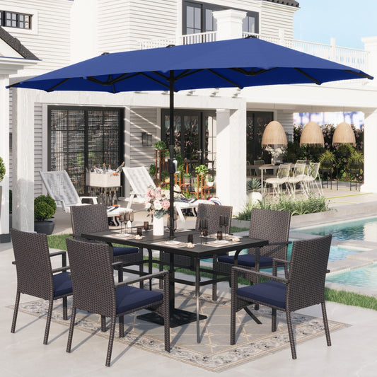 Sophia & William 8 Pieces Outdoor Patio Dining Set with 13 ft Navy Umbrella, Rattan Chairs & Metal Table for 6