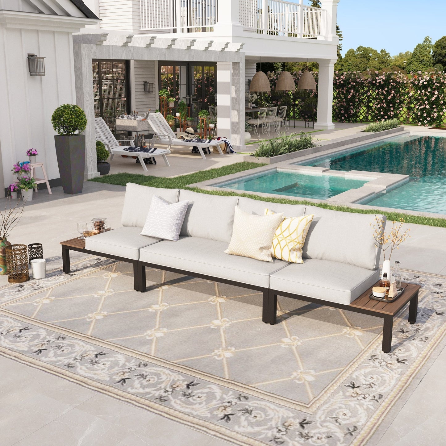 Sophia & William 3 Pieces Metal Patio Furniture Conversation Set with 2Pcs Side Table Sofa, 1Pc Loveseat Sofa, and 1Pc Coffee Table, Light Grey