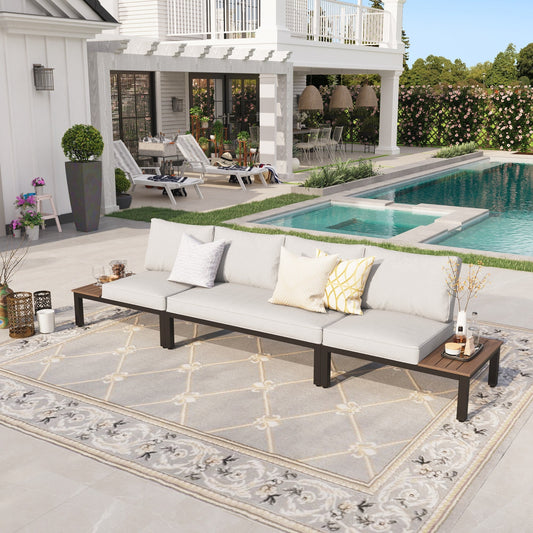 Sophia & William 3 Pieces Metal Patio Furniture Conversation Set with 2Pcs Side Table Sofa, 1Pc Loveseat Sofa, and 1Pc Coffee Table, Light Grey