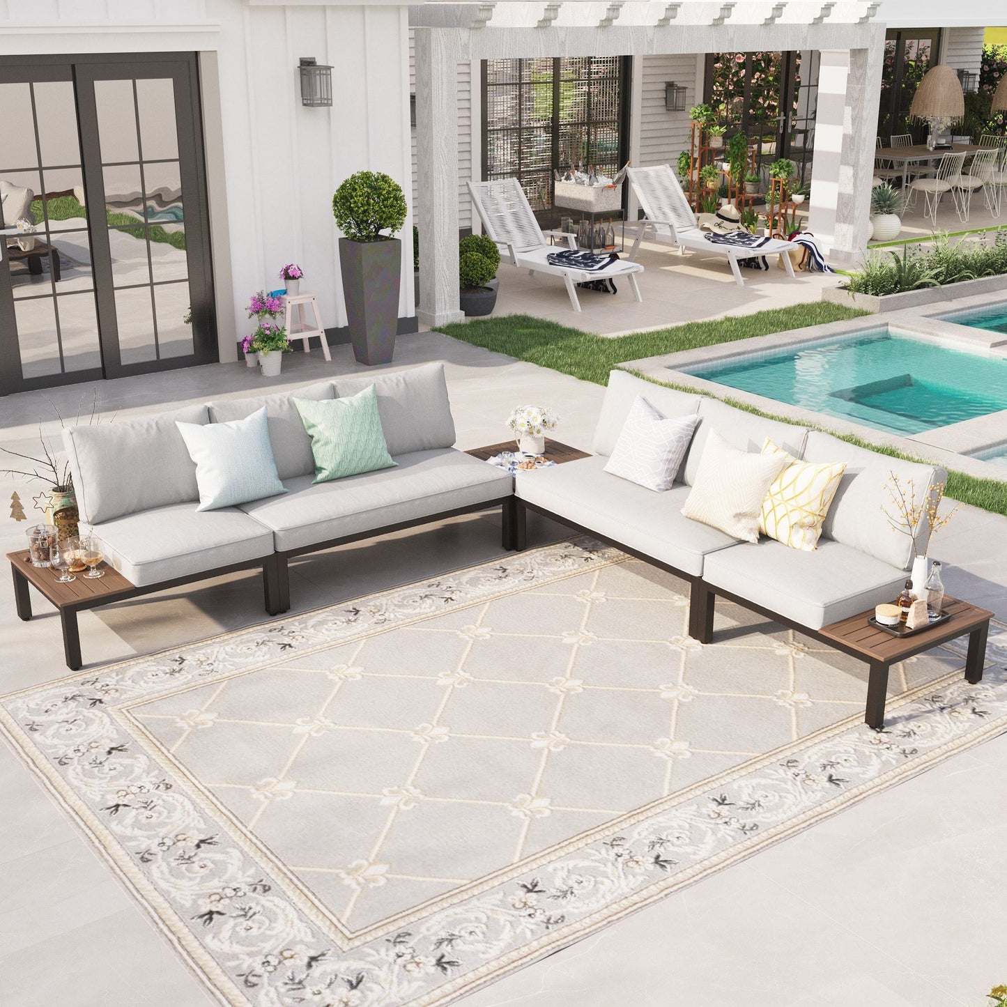 Sophia & William 5 Pieces Metal Patio Furniture Set Outdoor Sectional Sofa Set with Coffee Table, Light Grey