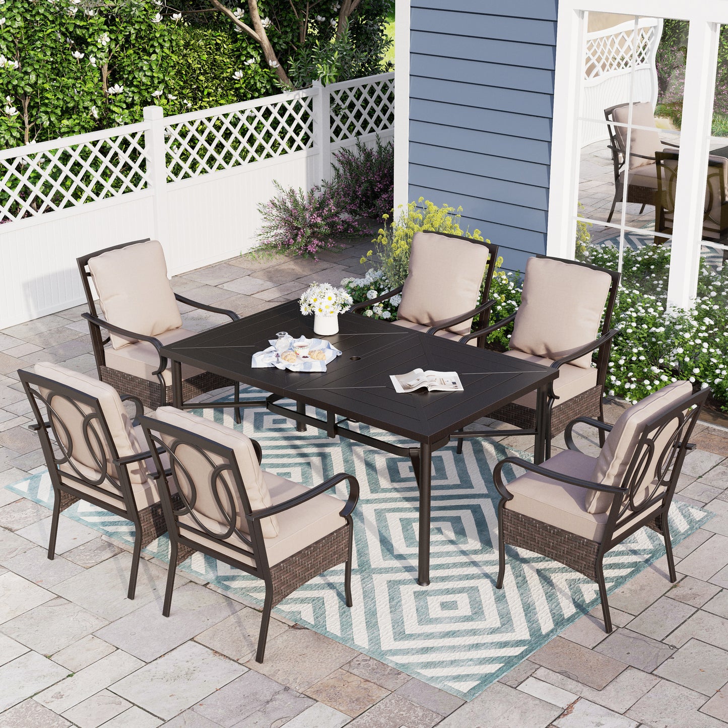 Sophia & William 7-Pieces Outdoor Patio Dining Set Metal Cushioned Chairs and Table Furniture Set for 6,Beige