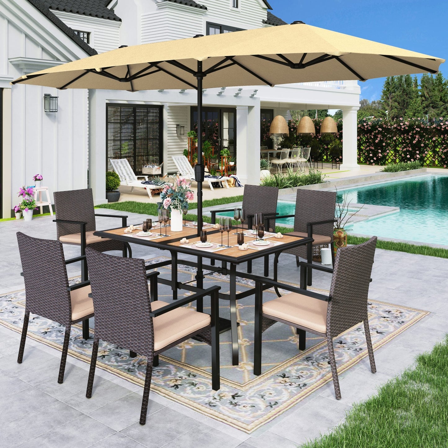 Alpha Joy 8-Piece Outdoor Patio Dining Set with 13 ft Umbrella, Rattan Chairs & Wood-look Metal Table Set for 6, Beige Umbrella