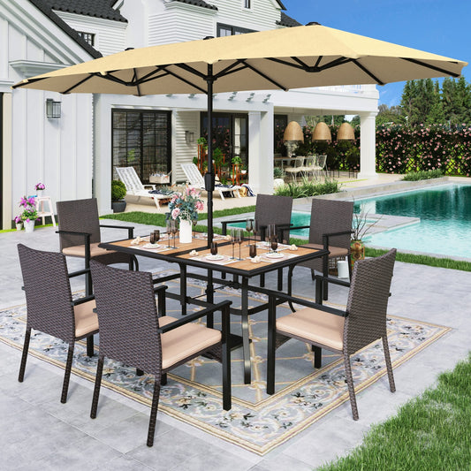 Alpha Joy 8-Piece Outdoor Patio Dining Set with 13 ft Umbrella, Rattan Chairs & Wood-look Metal Table Set for 6, Beige Umbrella