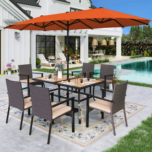 Alpha Joy 8-Piece Outdoor Patio Dining Set with 13 ft Umbrella, Rattan Chairs & Wood-look Metal Table Set for 6, Orange Red Umbrella