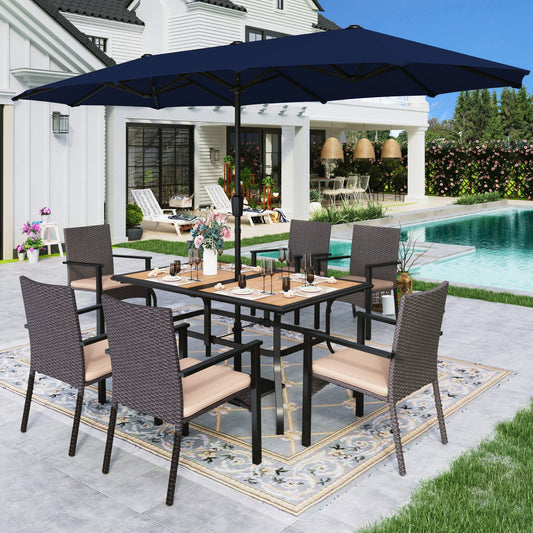 Alpha Joy 8-Piece Outdoor Patio Dining Set with 13 ft Umbrella, Rattan Chairs & Wood-look Metal Table Set for 6, Navy Umbrella