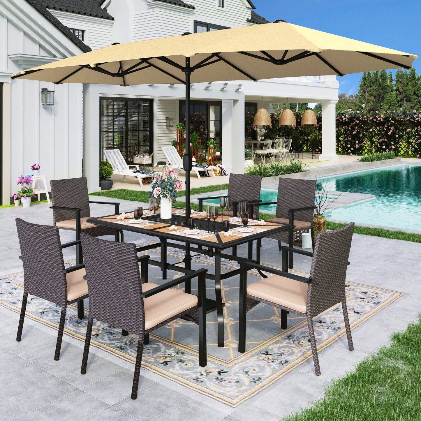 Alpha Joy 8-Piece Outdoor Patio Dining Set with 13 ft Beige Umbrella, Rattan Chairs & Wood-look Metal Table for 6