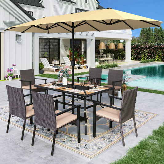 Alpha Joy 8-Piece Outdoor Patio Dining Set with 13 ft Beige Umbrella, Rattan Chairs & Wood-look Metal Table for 6