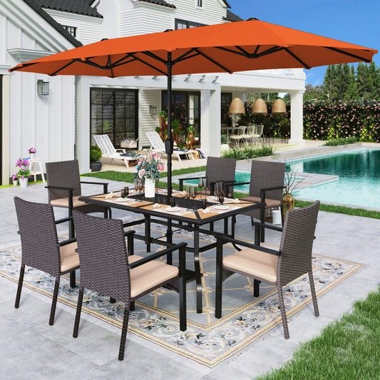 Alpha Joy 8-Piece Outdoor Patio Dining Set with 13 ft Orange Red Umbrella, Rattan Chairs & Wood-look Metal Table for 6