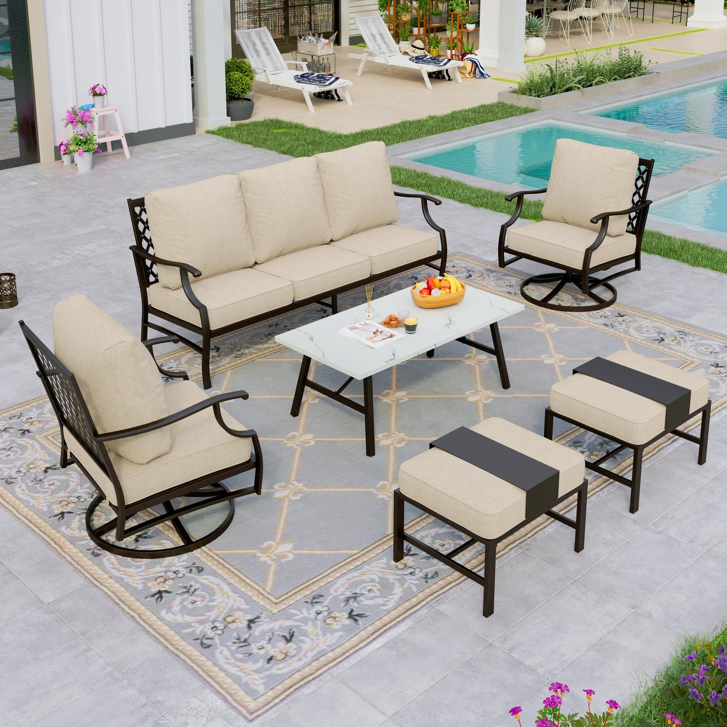 Sophia&William 6 Piece Patio Conversation Set Outdoor Table and Swivel Chairs Furniture Sets with 2 Ottomans