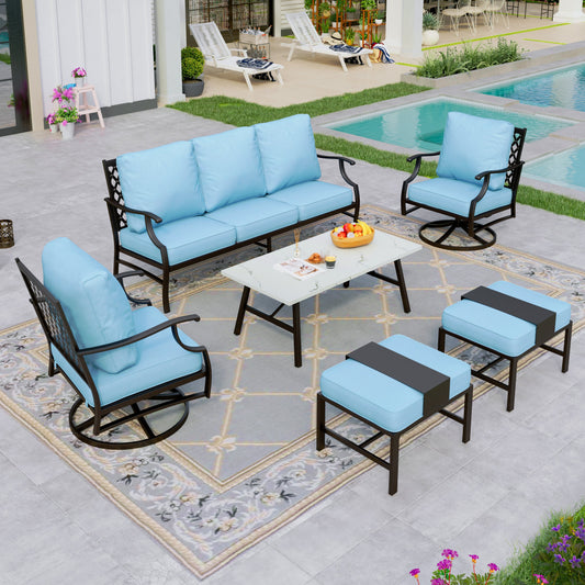 Sophia&William 6 Piece Patio Conversation Set Outdoor Table and Swivel Chairs Furniture Sets with 2 Ottomans, Blue